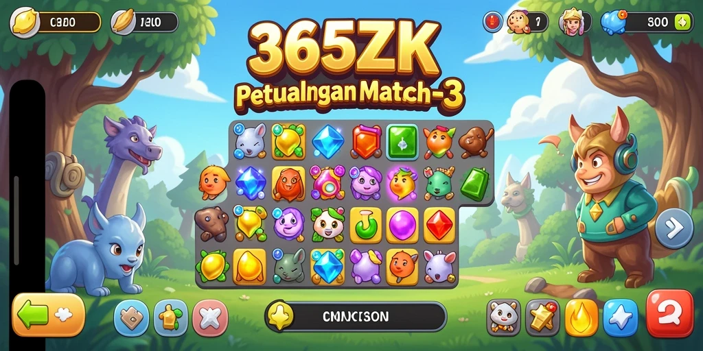 Screenshot permainan 365ZK menunjukkan aksi seru dalam menyelesaikan puzzle Match-3.