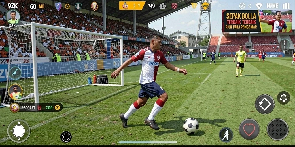 Tangkapan layar utama 9ZK yang menampilkan momen seru dalam permainan sepak bola.