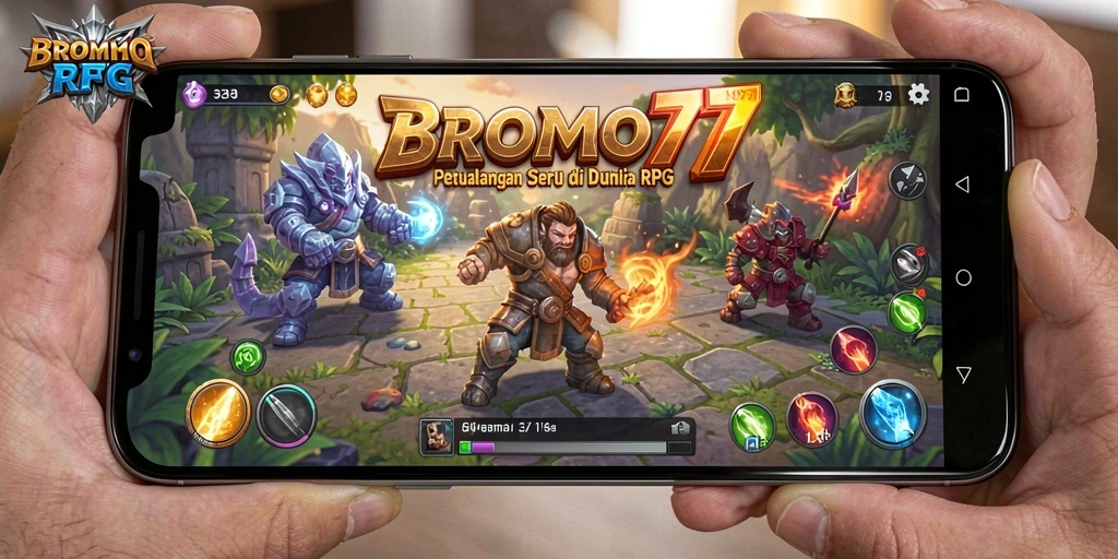 Screenshot BROMO77 menampilkan aksi pertempuran RPG yang seru.