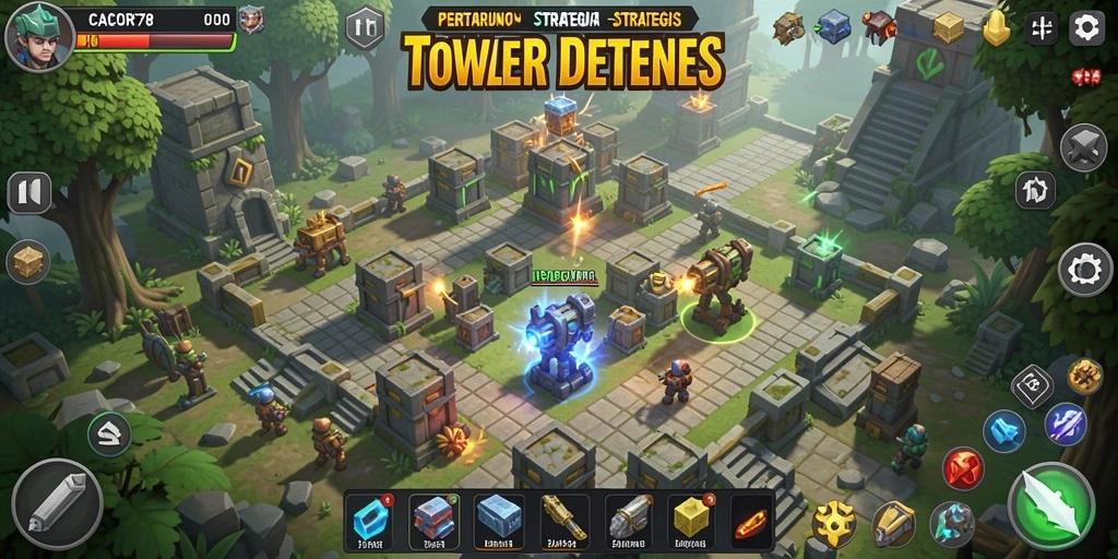 Gameplay seru CACOR78 dengan menara dan musuh yang beragam.