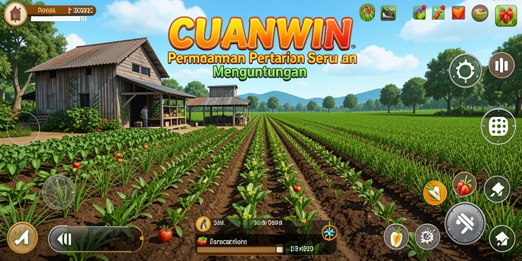 Screenshot CUANWIN menampilkan pemain sedang mengelola lahan pertanian dengan tanaman hijau subur.