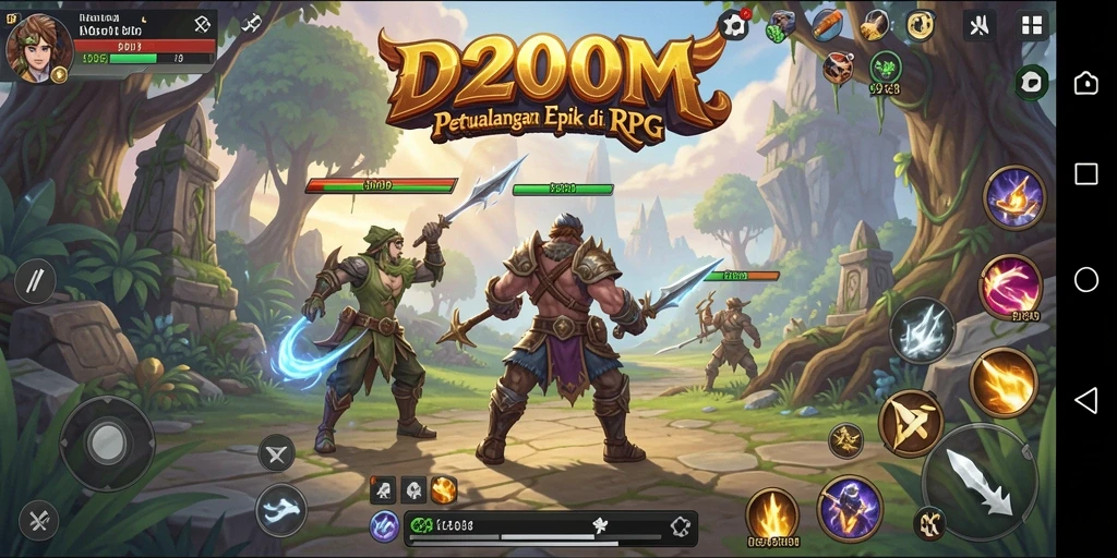 Menampilkan gameplay seru dalam D200M dengan karakter dan pertempuran epik.