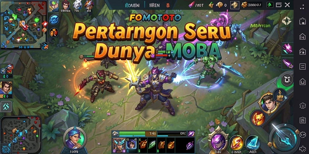Screenshot gameplay FOMOTOTO menampilkan aksi seru dalam arena MOBA.