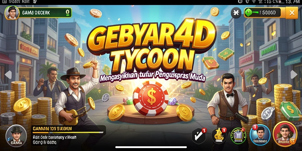 Screenshot menampilkan gameplay GEBYAR4D dengan suasana Tycoon yang dinamis.