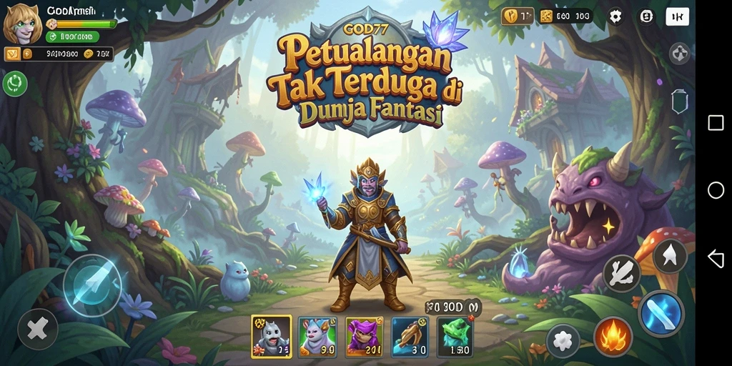 Screenshot utama GOD77 menampilkan aksi petualangan yang seru di dunia fantasi.