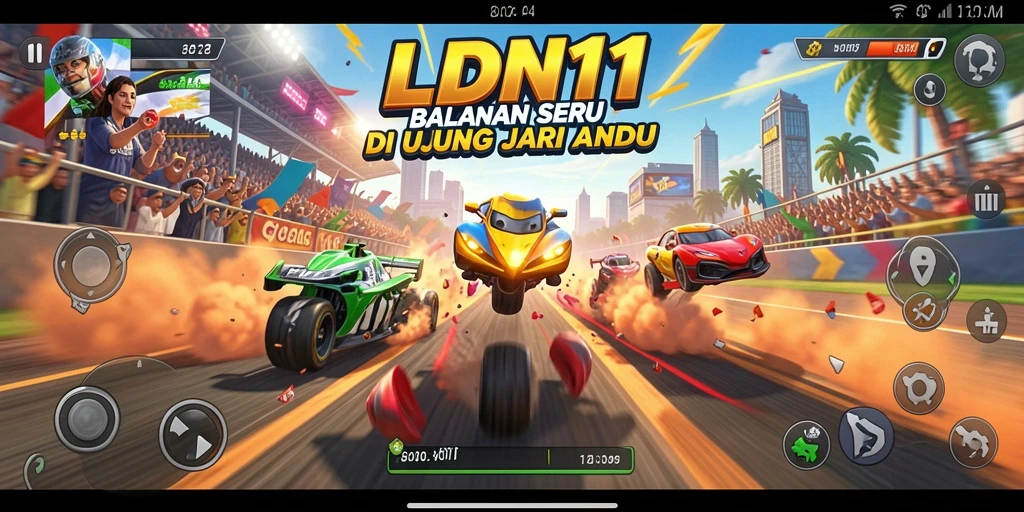 Tangkapan layar gameplay LDN11 menampilkan balapan seru di lintasan penuh tantangan.