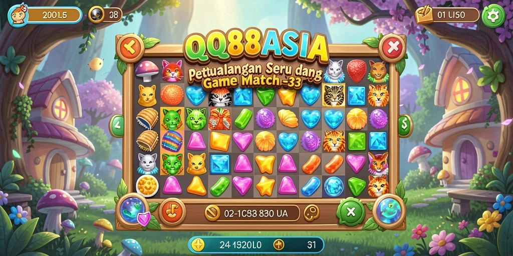 Tangkapan layar gameplay <strong>QQ88ASIA</strong> yang menunjukkan level Match-3 yang menantang.