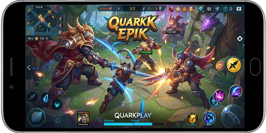 Screenshot utama QUARKPLAY menampilkan aksi pertarungan karakter MOBA.