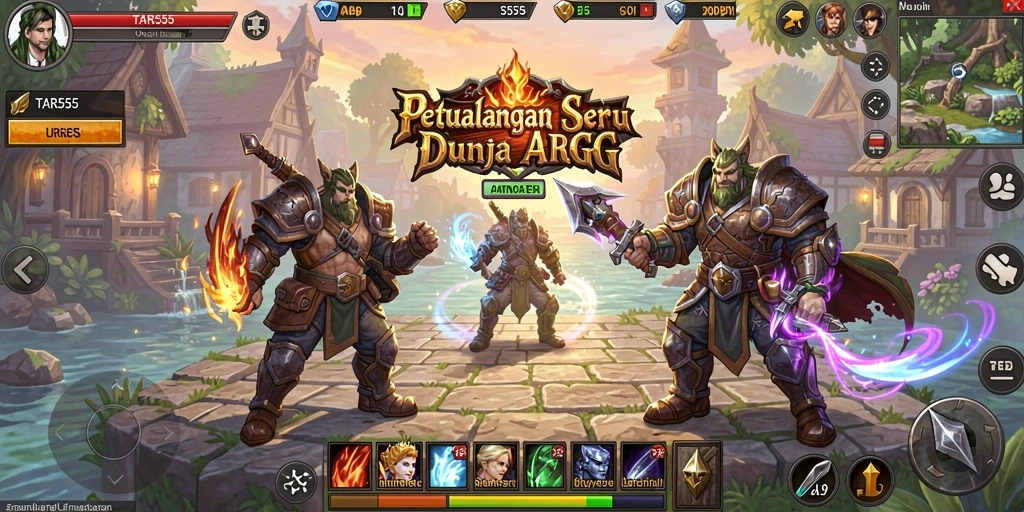 Tangkapan layar TAR555 yang menunjukkan pertarungan epik dalam dunia fantasi.