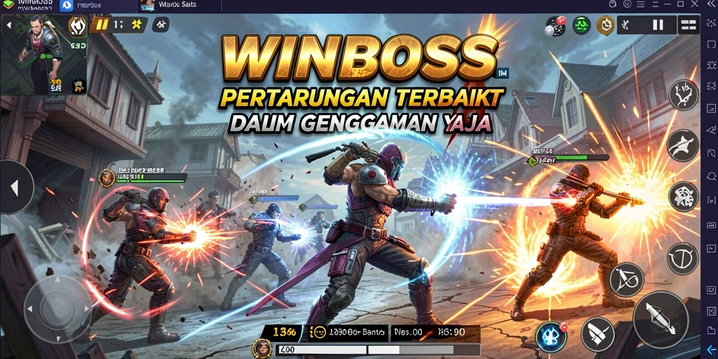 Screenshot menunjukkan pertarungan karakter yang dinamis dalam WINBOSS.